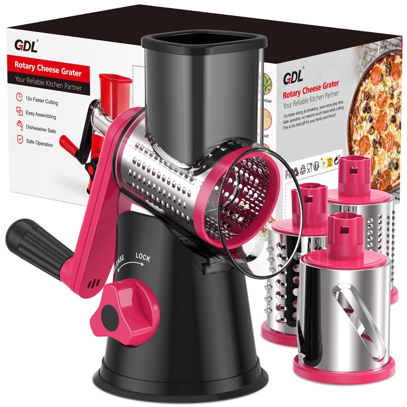 GDL Cheese Grater Rotary Rotary Grater for Kitchen Kitchen Vegetable Slicer with 3 Drum Blades Fast Cutting Cheese Shredder for Vegetables and Nuts BlackRosy 3 BLADES - Image 2