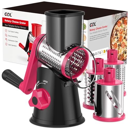 GDL Cheese Grater Rotary Rotary Grater for Kitchen Kitchen Vegetable Slicer with 3 Drum Blades Fast Cutting Cheese Shredder for Vegetables and Nuts BlackRosy 3 BLADES - Image 1