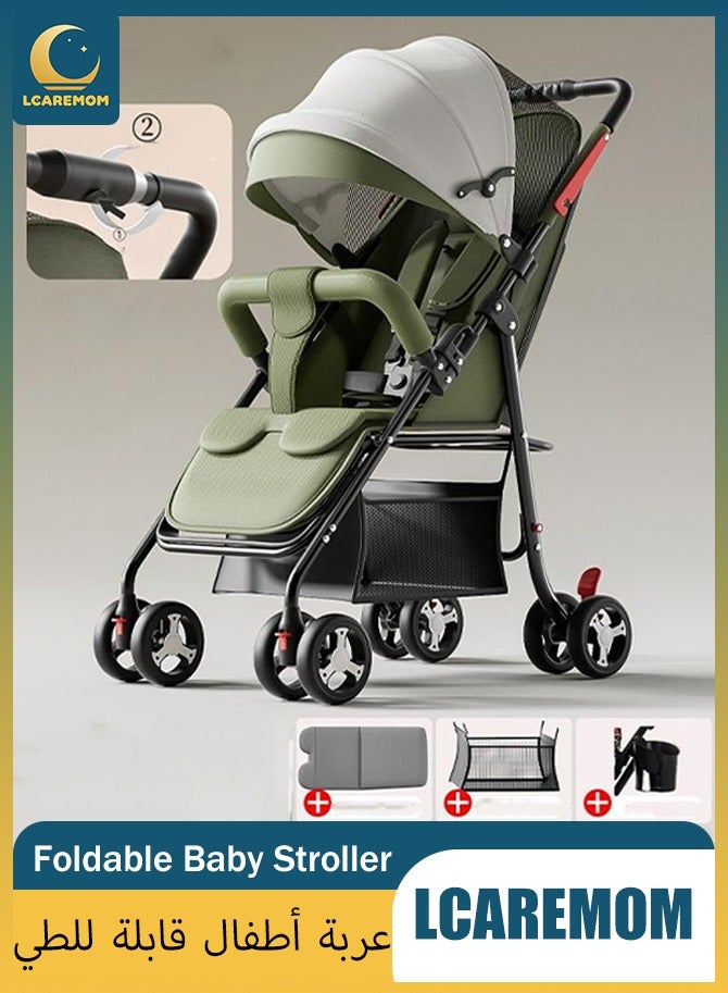 لكارموم عربة أطفال فاخر، قابلة للطي بيد واحدة، مقعد مستلقٍ مع حزام أمان بخمس نقاط , عربة سفر خفيفة الوزن ومضغوطة للرضع حتى 36 شهرًا,عربة بأربع عجلات مع ممتص صدمات ووسادة قطنية وسلة تخزين كبيرة – أخضر - Image 1
