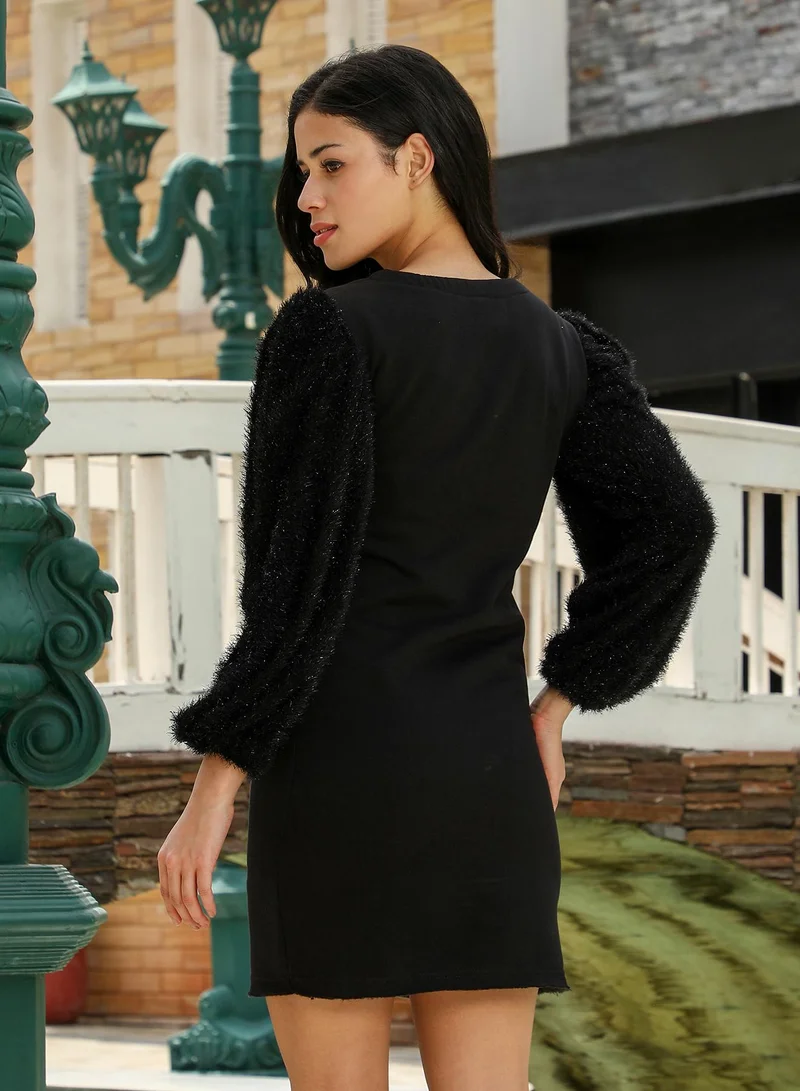 PINACOLADA Pinacolada Women's Fur-Block Bodycon Dress | V-Neck , Long Balloon Sleeves , Pull On Closure | Solid Textured & Fur Material | Polyester-Blend Dress For Casual & Evening Wear | Midnight Black