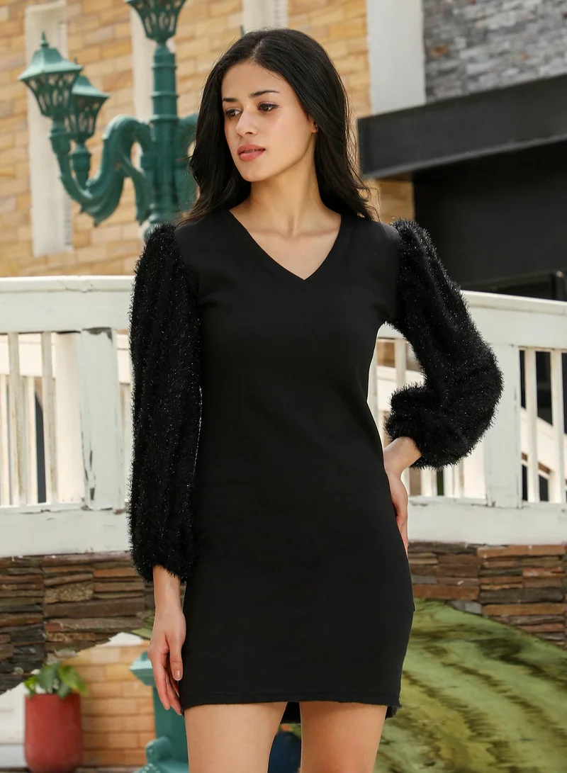 PINACOLADA Pinacolada Women's Fur-Block Bodycon Dress | V-Neck , Long Balloon Sleeves , Pull On Closure | Solid Textured & Fur Material | Polyester-Blend Dress For Casual & Evening Wear | Midnight Black