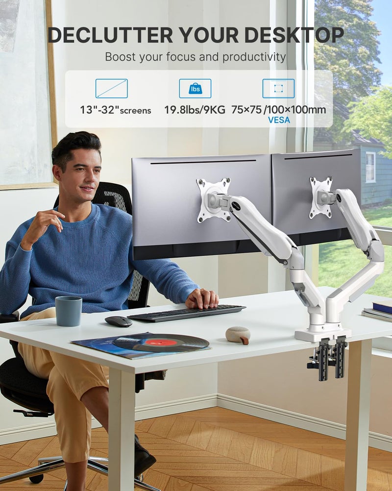 HUANUO Dual Monitor Stand - Full Adjustable Monitor Desk Mount Swivel Vesa Bracket with C Clamp, Grommet Mounting Base for 13 to 32 Inch Computer Screens - Each Arm Holds 4.4 to 19.8lbs - White - Image 2
