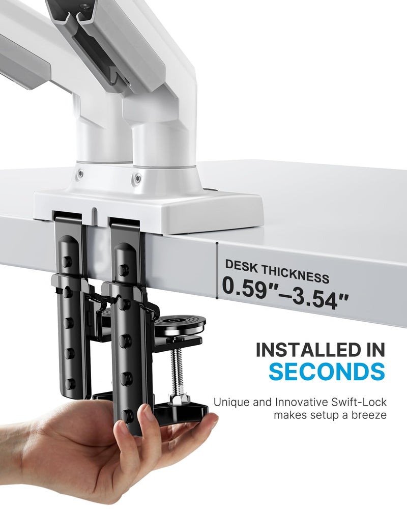 HUANUO Dual Monitor Stand - Full Adjustable Monitor Desk Mount Swivel Vesa Bracket with C Clamp, Grommet Mounting Base for 13 to 32 Inch Computer Screens - Each Arm Holds 4.4 to 19.8lbs - White - Image 4