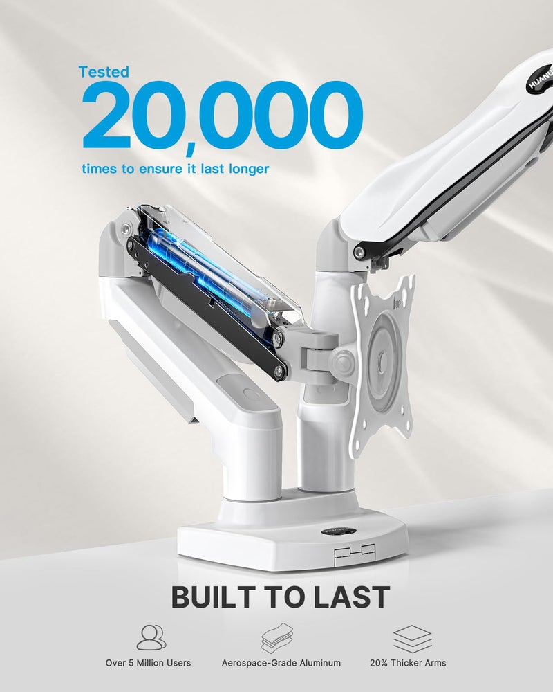 HUANUO Dual Monitor Stand - Full Adjustable Monitor Desk Mount Swivel Vesa Bracket with C Clamp, Grommet Mounting Base for 13 to 32 Inch Computer Screens - Each Arm Holds 4.4 to 19.8lbs - White - Image 5