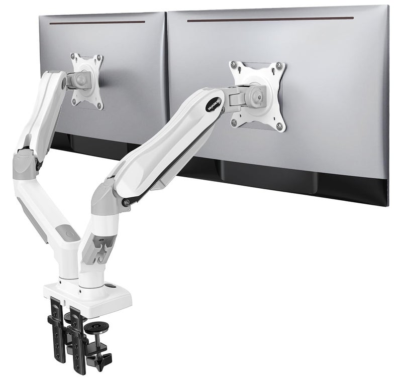 HUANUO Dual Monitor Stand - Full Adjustable Monitor Desk Mount Swivel Vesa Bracket with C Clamp, Grommet Mounting Base for 13 to 32 Inch Computer Screens - Each Arm Holds 4.4 to 19.8lbs - White - Image 1