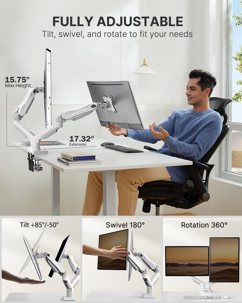 HUANUO Dual Monitor Stand - Full Adjustable Monitor Desk Mount Swivel Vesa Bracket with C Clamp, Grommet Mounting Base for 13 to 32 Inch Computer Screens - Each Arm Holds 4.4 to 19.8lbs - White - Image 3