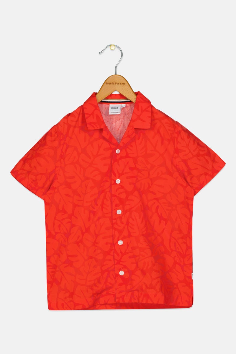 HUGO BOSS Boss Kids Boy Spread Collar Allover Print Short Sleeve Shirt, Tomato Red - Image 2