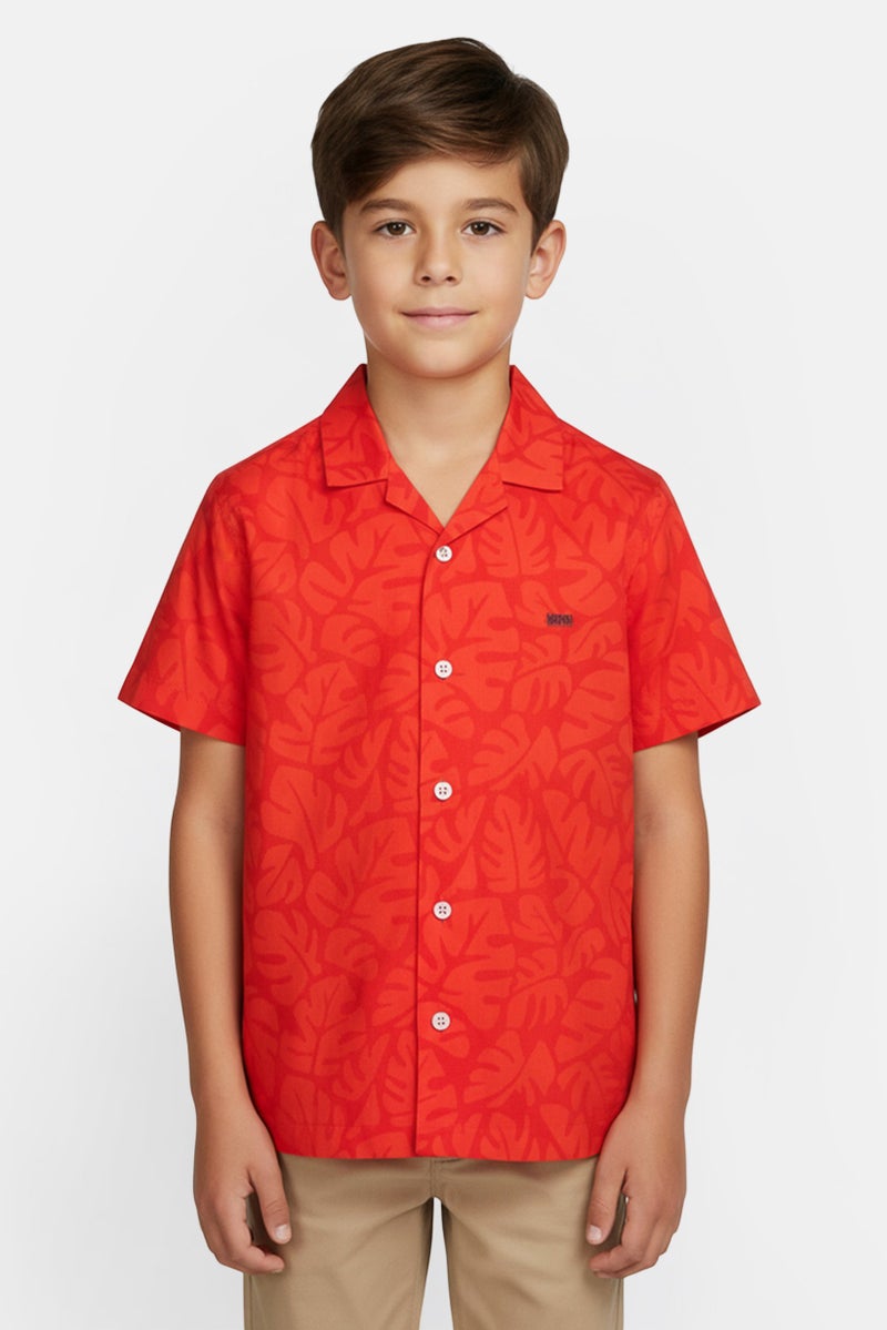 HUGO BOSS Boss Kids Boy Spread Collar Allover Print Short Sleeve Shirt, Tomato Red - Image 1