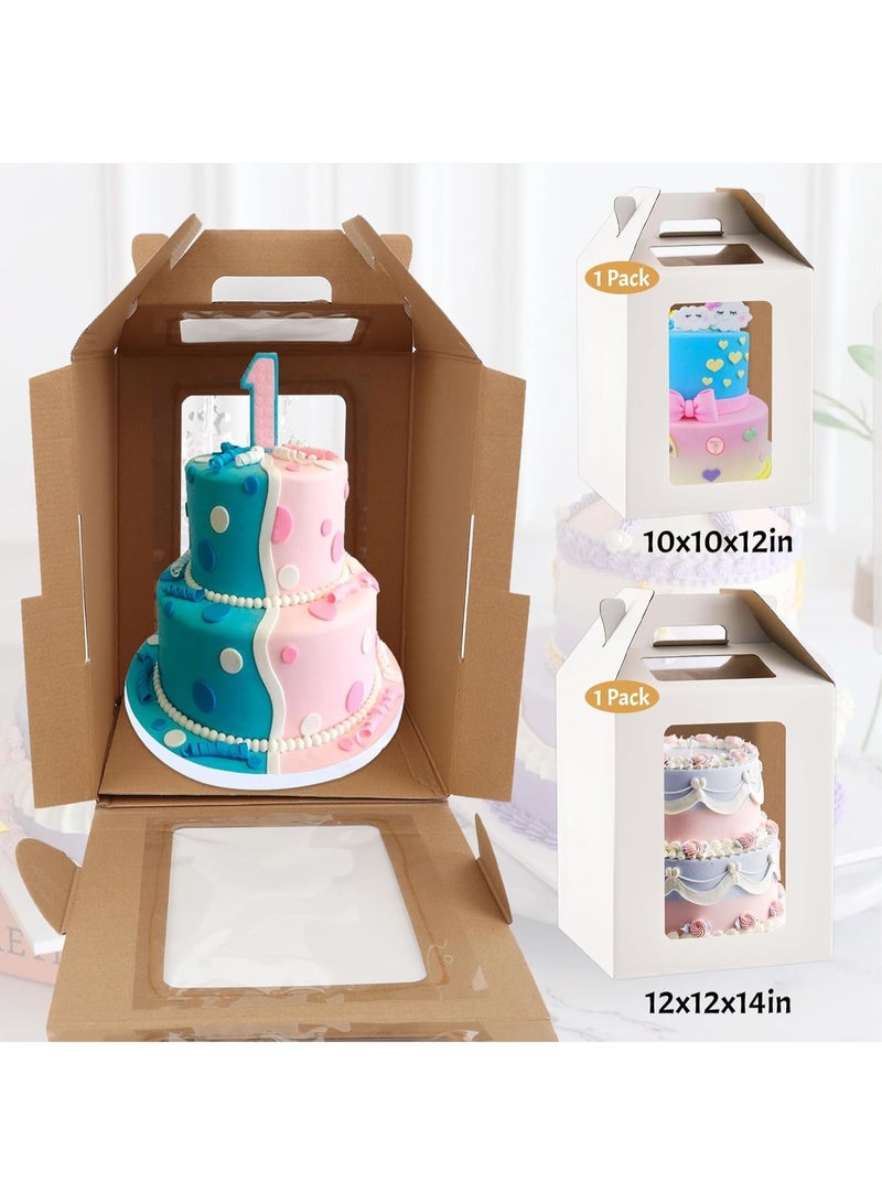 2 Pack Tall Cake Boxes, 2 Sizes 10x10x12 & 12x12x14 Inch Cake Boxes for Tier Cakes Large Layer Tall Cake Carriers with 4 Windows for Party Wedding, Birthday, Party - Image 2