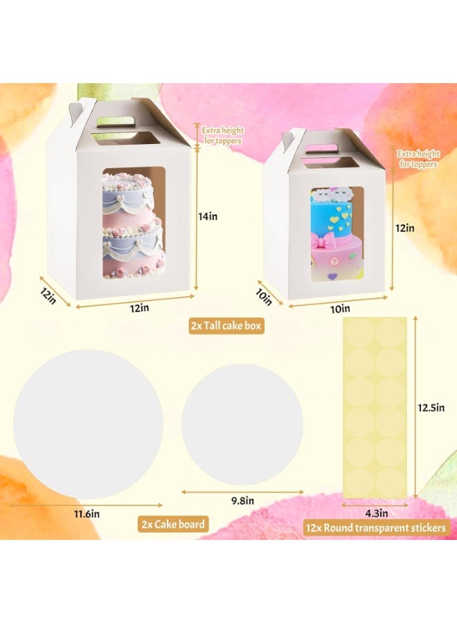 2 Pack Tall Cake Boxes, 2 Sizes 10x10x12 & 12x12x14 Inch Cake Boxes for Tier Cakes Large Layer Tall Cake Carriers with 4 Windows for Party Wedding, Birthday, Party - Image 3