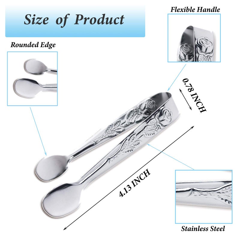 Sunenlyst 3PCS Mini Serving Tongs, 4Inch Rose Stainless Steel Sugar Cube Tongs, Sliver Small Ice Tong for Tea and Coffee Party, Appetizers, Desserts by Sunenlyst (Silver) - Image 2