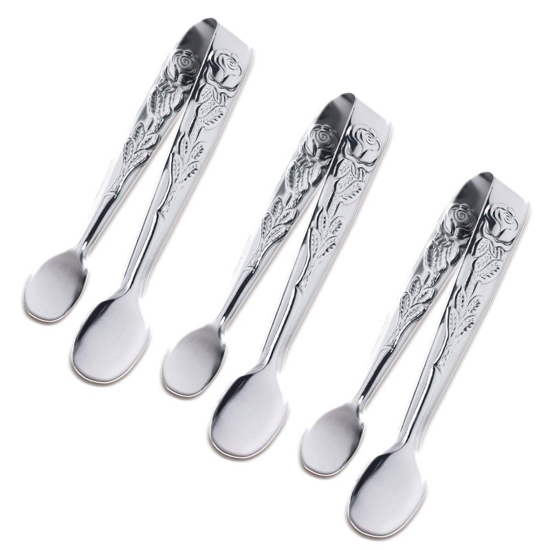 Sunenlyst 3PCS Mini Serving Tongs, 4Inch Rose Stainless Steel Sugar Cube Tongs, Sliver Small Ice Tong for Tea and Coffee Party, Appetizers, Desserts by Sunenlyst (Silver) - Image 1