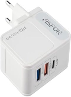 ASPOR A838 Fast Charger PD 18W And QC 3.0 And IQ 2.4A Output EU PIN And TYPE C to LIGHTNING PD Cable,3 USB - White