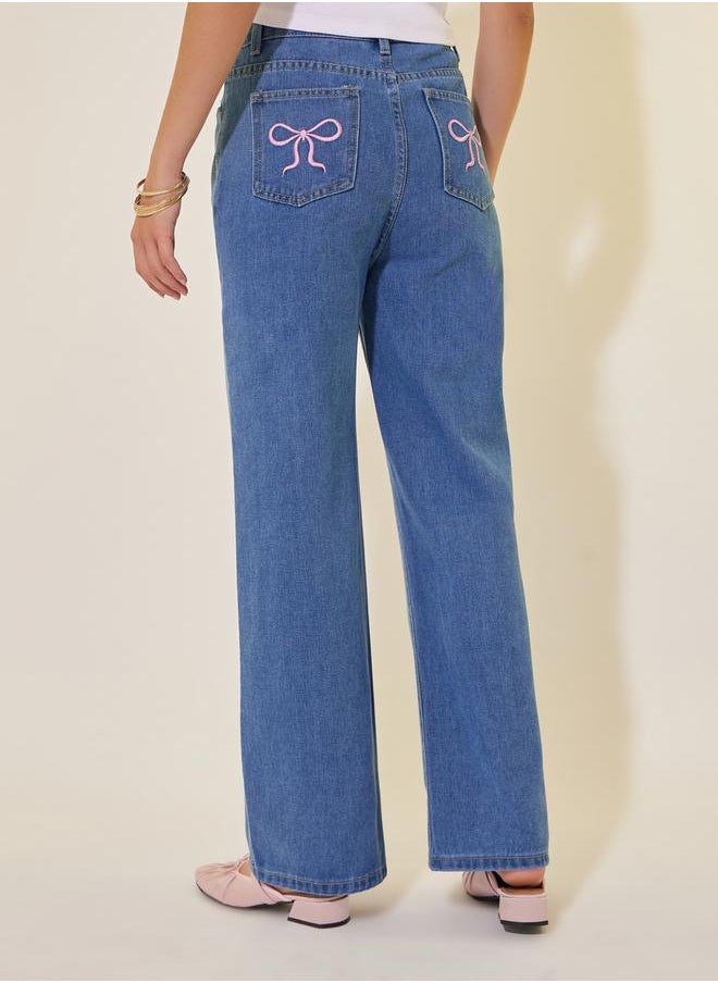 Styli - Mid Rise Wide Leg Jeans with Bow Tie Embroidered Pockets - Image 1