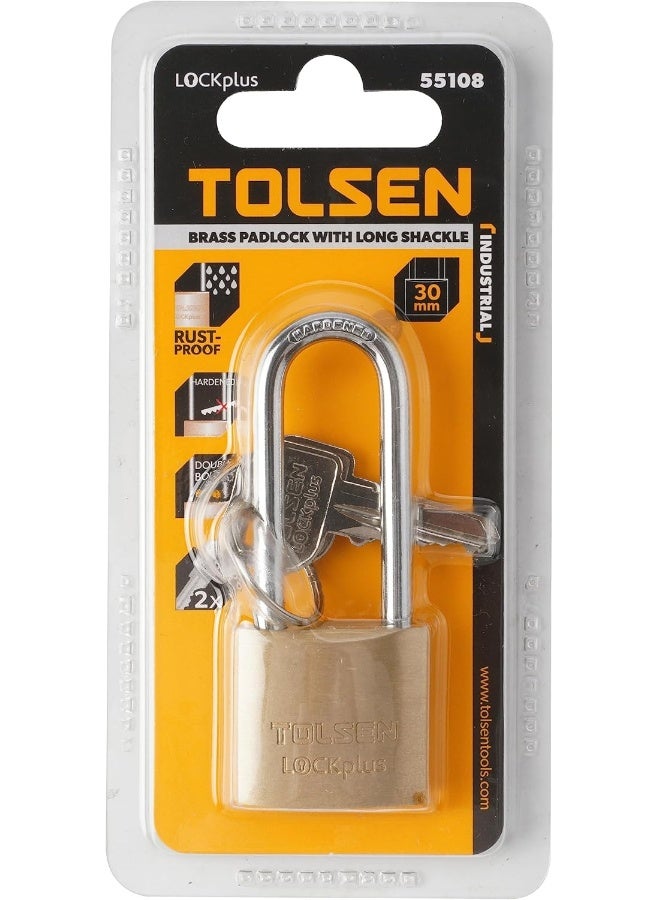 Tolsen - Brass Padlock With Long Shackle (Industrial), 30Mm - Image 1
