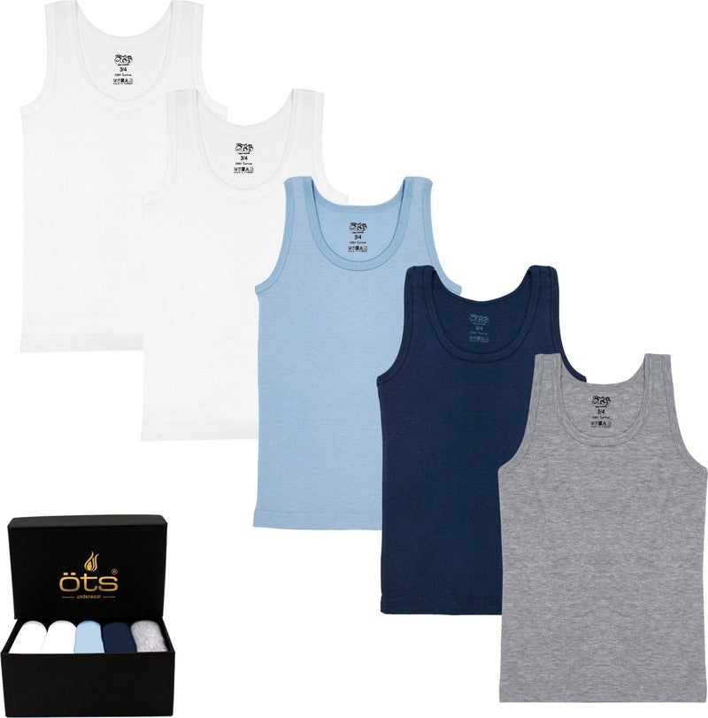 TS Boys 100% Cotton Undershirt 5-Piece Set, Comfortable Fit High Quality Ribbed Undershirt, Black Premium Special Box, Underwear, Underwear - Image 1