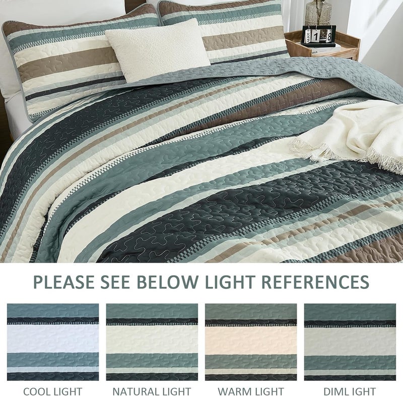 WONGS BEDDING مجموعة بطانيات من WONGS لحجم كوين، بطانية بألوان مخطوطة، مجموعات أغطية صيفية، تتكون من 3 قطع، بطانيات خفيفة بألوان زرقاء وبنية، مقاس 96" × 90". - Image 4