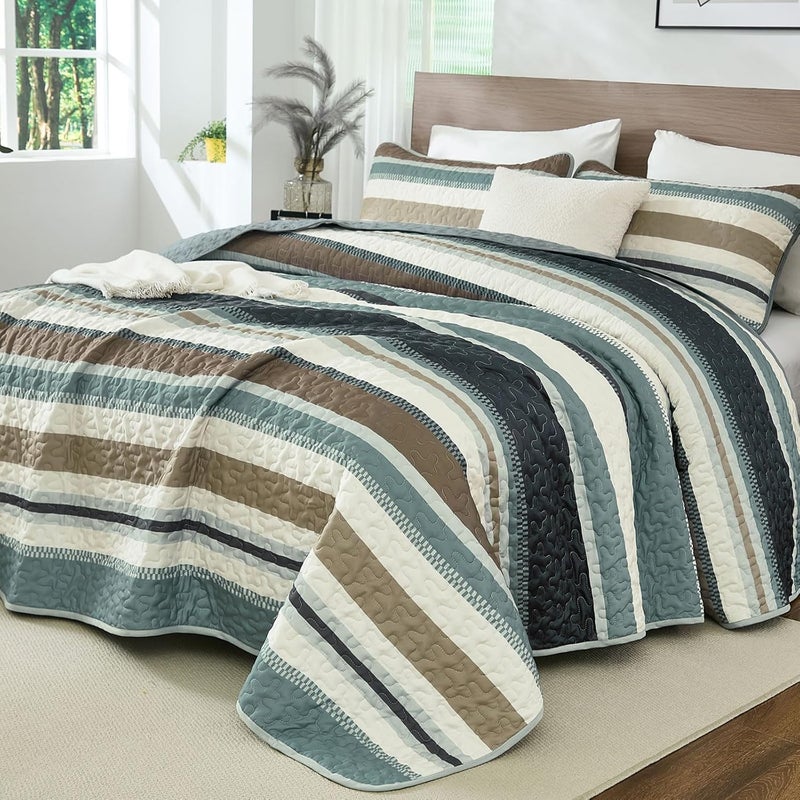 WONGS BEDDING مجموعة بطانيات من WONGS لحجم كوين، بطانية بألوان مخطوطة، مجموعات أغطية صيفية، تتكون من 3 قطع، بطانيات خفيفة بألوان زرقاء وبنية، مقاس 96" × 90". - Image 1