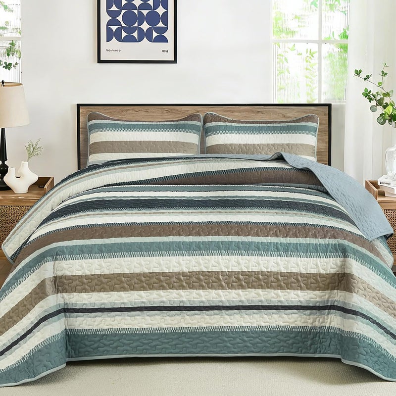 WONGS BEDDING مجموعة بطانيات من WONGS لحجم كوين، بطانية بألوان مخطوطة، مجموعات أغطية صيفية، تتكون من 3 قطع، بطانيات خفيفة بألوان زرقاء وبنية، مقاس 96" × 90". - Image 2