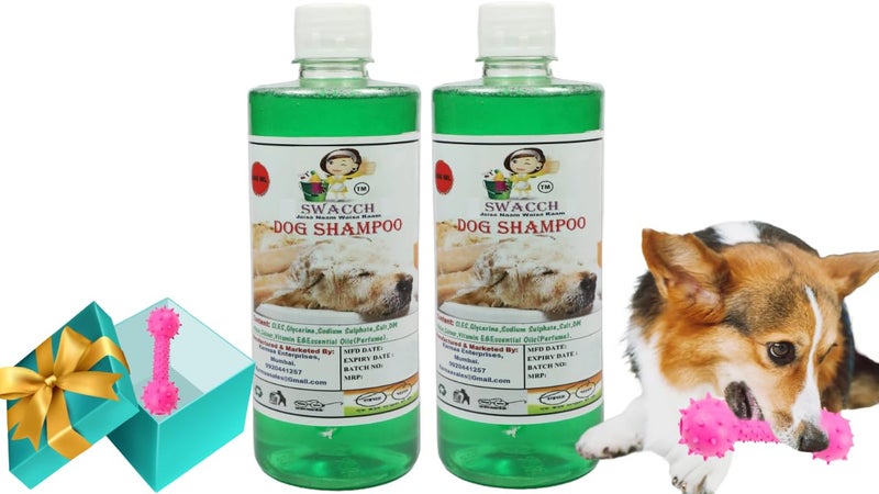 swacch Dog Shampoo + Dumbbell Toy I Durable Rubber Dog Toy for Chewing I Playing, Teeth Cleaning & Training Toy I Combo Pack I 500ml Pack of 2 Neem Alovera - Image 1