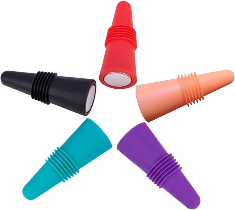 كلاراكو 5 قطع سدادات النبيذ لزجاجات النبيذ، سدادة زجاجات النبيذ المصنوعة من السيليكون والفولاذ المقاوم للصدأ القابلة لإعادة الاستخدام، سدادات زجاجات المشروبات، غطاء منفذ النبيذ، غطاء الزجاجة - Image 3