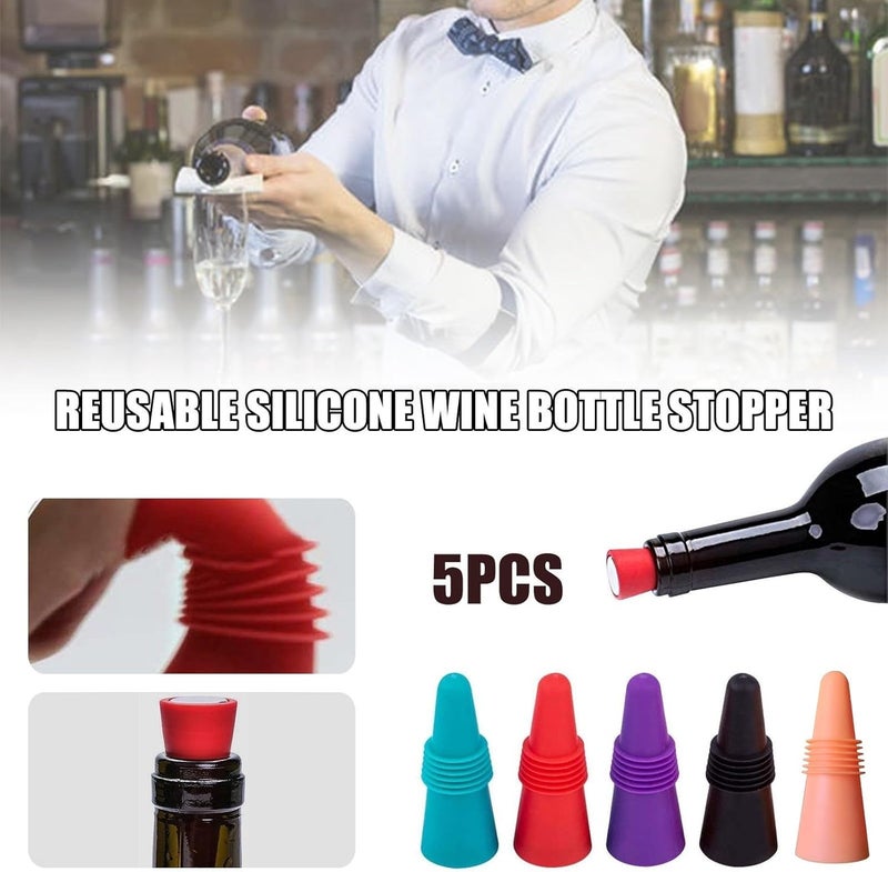 كلاراكو 5 قطع سدادات النبيذ لزجاجات النبيذ، سدادة زجاجات النبيذ المصنوعة من السيليكون والفولاذ المقاوم للصدأ القابلة لإعادة الاستخدام، سدادات زجاجات المشروبات، غطاء منفذ النبيذ، غطاء الزجاجة - Image 2