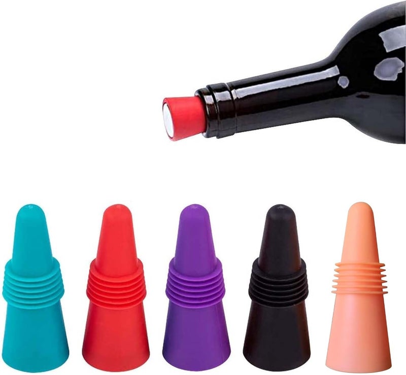 كلاراكو 5 قطع سدادات النبيذ لزجاجات النبيذ، سدادة زجاجات النبيذ المصنوعة من السيليكون والفولاذ المقاوم للصدأ القابلة لإعادة الاستخدام، سدادات زجاجات المشروبات، غطاء منفذ النبيذ، غطاء الزجاجة - Image 1