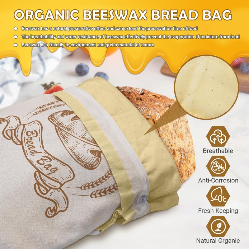 NIKKOUR Large Linen Beeswax Bread Bags(2 Pack) Sourdough Bread Bags Reusable Double-Lock Freezer Baking Container Gift Giving for Homemade,Loaf,Sourdough,Food Storage (Plain Colour Patterns) - Image 2