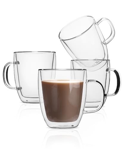 Brew To A Tea BTaT- Insulated Coffee Mug, Large, Set of 4 (16oz, 500ml), Double Wall Glass Coffee Cups, Glass Coffee Mug, Christmas Gifts - Image 1
