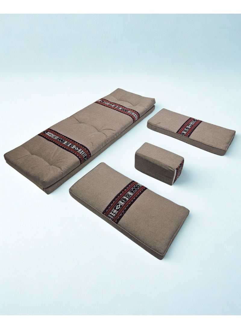 سمارت هوم جلسة أرضية تراثية عربية لأربعة أشخاص 4 قطع  بمقاس (طول 70 سم × عرض 200 سم × ارتفاع 60 سم) – مفروشات مجالس عربية مريحة مع مسند وظهر مزخرف – جلسة أرضية للمنزل، الضيوف، المخيمات والرحلات - مجلس يكفي 4 اشخاص - Image 4