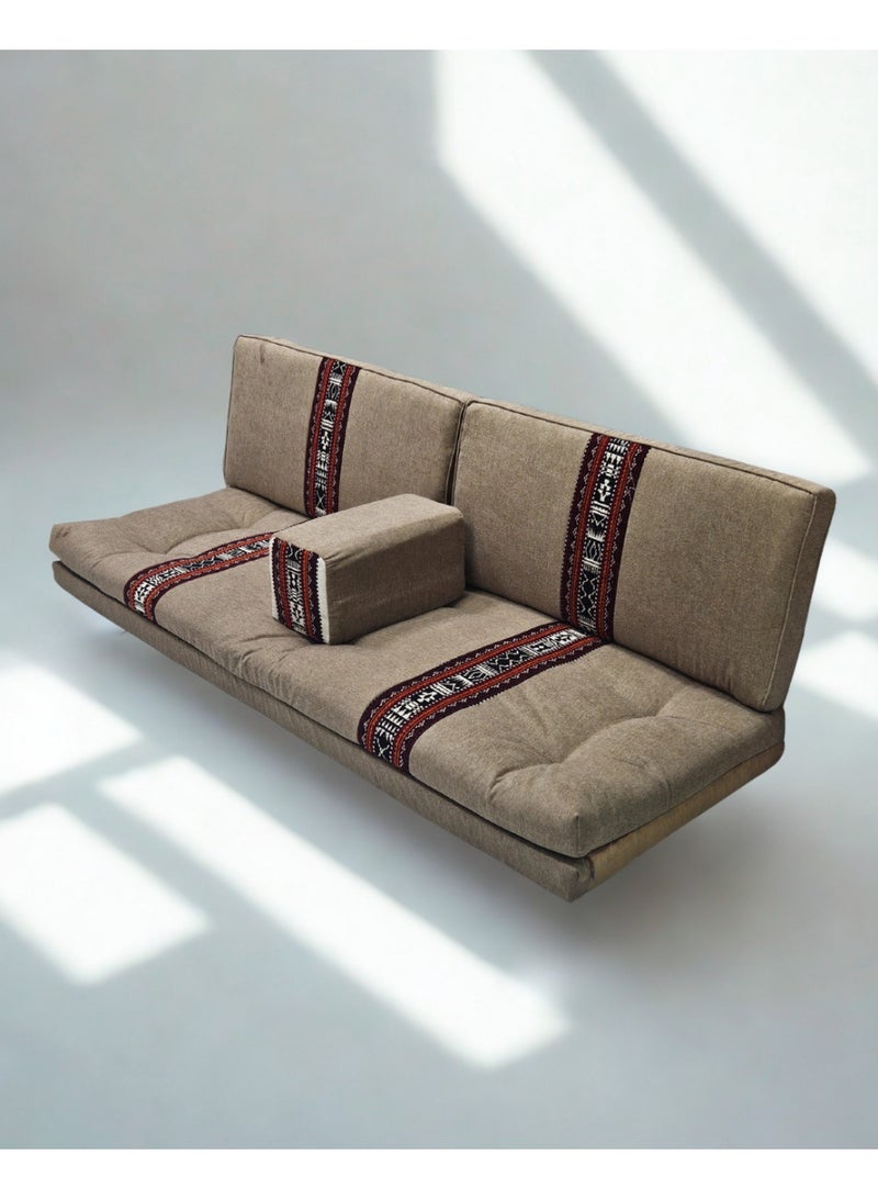 سمارت هوم جلسة أرضية تراثية عربية لأربعة أشخاص 4 قطع  بمقاس (طول 70 سم × عرض 200 سم × ارتفاع 60 سم) – مفروشات مجالس عربية مريحة مع مسند وظهر مزخرف – جلسة أرضية للمنزل، الضيوف، المخيمات والرحلات - مجلس يكفي 4 اشخاص - Image 2