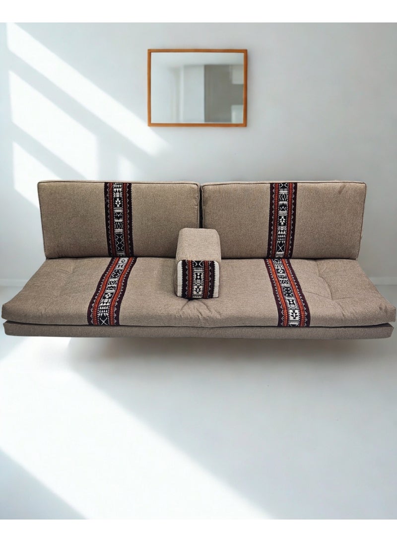 سمارت هوم جلسة أرضية تراثية عربية لأربعة أشخاص 4 قطع  بمقاس (طول 70 سم × عرض 200 سم × ارتفاع 60 سم) – مفروشات مجالس عربية مريحة مع مسند وظهر مزخرف – جلسة أرضية للمنزل، الضيوف، المخيمات والرحلات - مجلس يكفي 4 اشخاص - Image 3