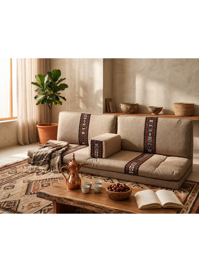 SMART HOME Traditional Arabic Floor Seating Set for 4 People (4 Pieces, 70 cm L x 200 cm W x 60 cm H) – Comfortable Arabic Majlis Furniture with Ornate Armrest and Backrest – Floor Seating for Home, Guests, Camps, and Trips , A seating area suitable for 4 people - Image 1