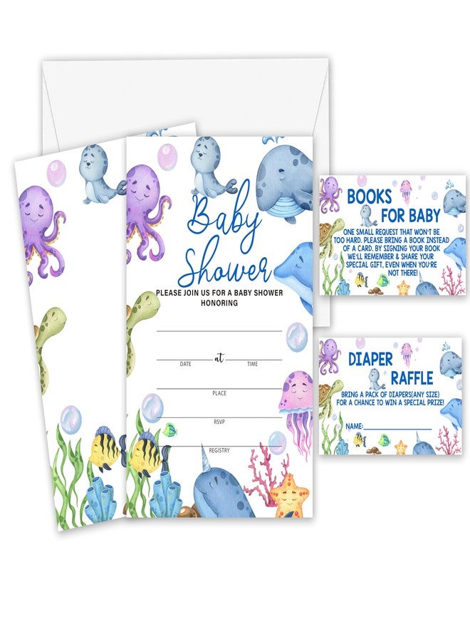 DETIHO Baby shower Invitation Set - Including 25 Invitations With Envelopes, 25 Book Request Card & 25 Diaper Raffle Tickets - Under the Sea Gender Neutral Baby Shower Party Favor - F01 - Image 1