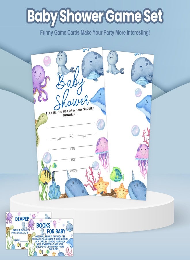 DETIHO Baby shower Invitation Set - Including 25 Invitations With Envelopes, 25 Book Request Card & 25 Diaper Raffle Tickets - Under the Sea Gender Neutral Baby Shower Party Favor - F01 - Image 4