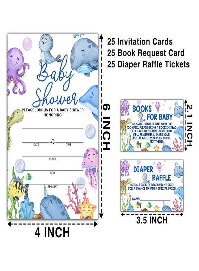 DETIHO Baby shower Invitation Set - Including 25 Invitations With Envelopes, 25 Book Request Card & 25 Diaper Raffle Tickets - Under the Sea Gender Neutral Baby Shower Party Favor - F01 - Image 2