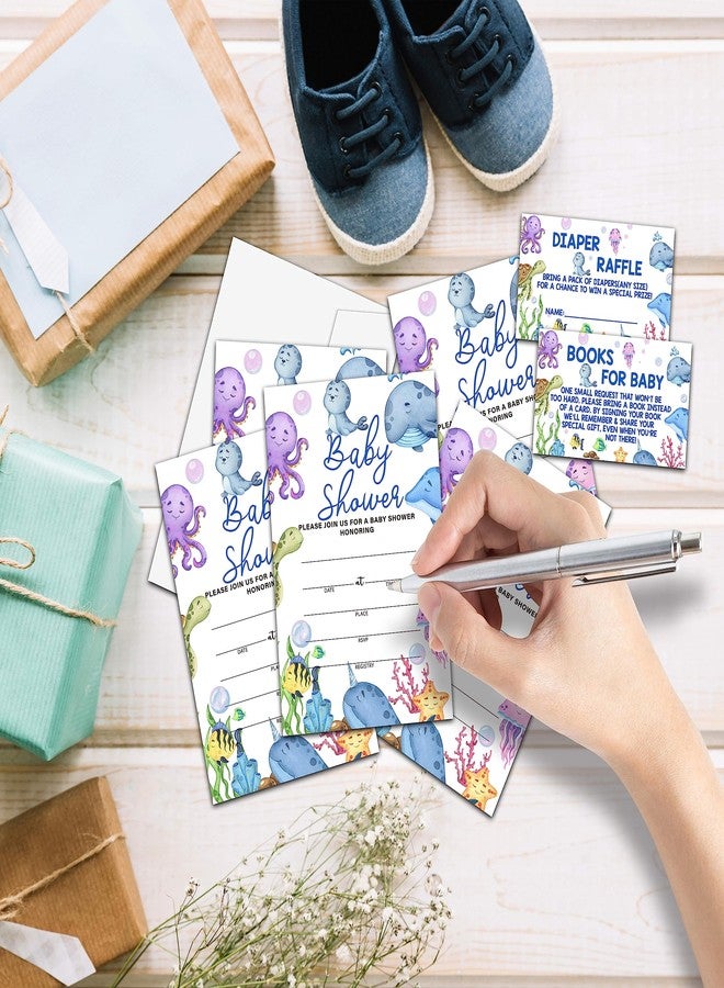 DETIHO Baby shower Invitation Set - Including 25 Invitations With Envelopes, 25 Book Request Card & 25 Diaper Raffle Tickets - Under the Sea Gender Neutral Baby Shower Party Favor - F01 - Image 3