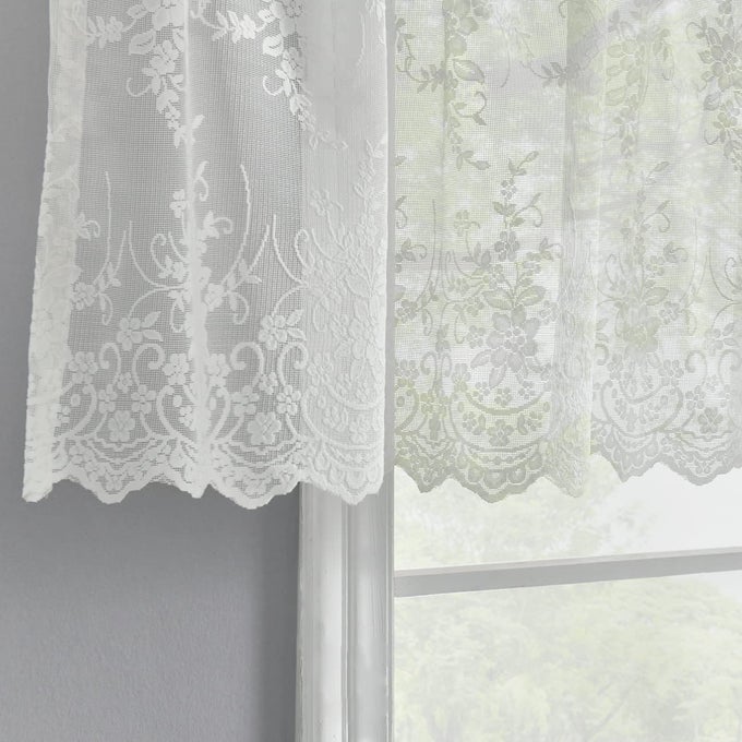 LACE VALANCE FOR KITCHEN WINDOW VINTAGE FLORAL EMBROIDERED SHEER VALANCE CURTAIN 18 INCH LENGTH ROD POCKET PRIVACY SHORT LACE CAFE CURTAIN PANEL 52 X 18 INCH 1 PANEL IVORY