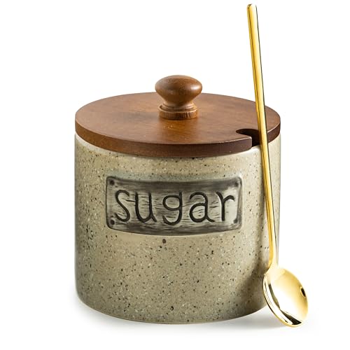 LYEOBOH 15OZ Sugar Bowl, Ceramic Sugar Dish, Rustic Sugar Container with Wood Lid and Spoon for Coffee Bar, Dishwasher Safe, Stainless Steel Spoon - Farmhouse Kitchen Decor Housewarming Gift, Beige - Image 1