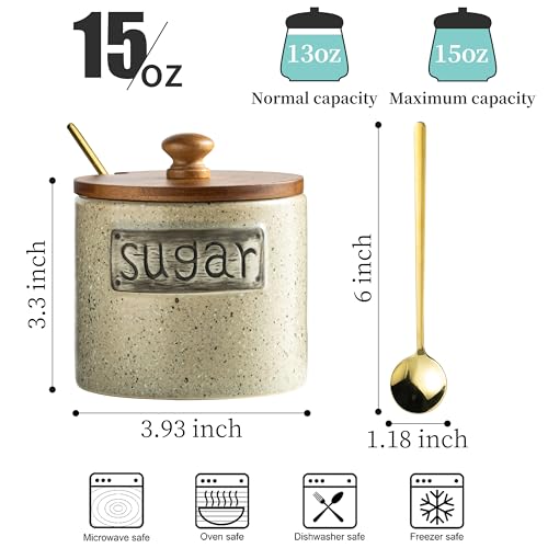 LYEOBOH 15OZ Sugar Bowl, Ceramic Sugar Dish, Rustic Sugar Container with Wood Lid and Spoon for Coffee Bar, Dishwasher Safe, Stainless Steel Spoon - Farmhouse Kitchen Decor Housewarming Gift, Beige - Image 2