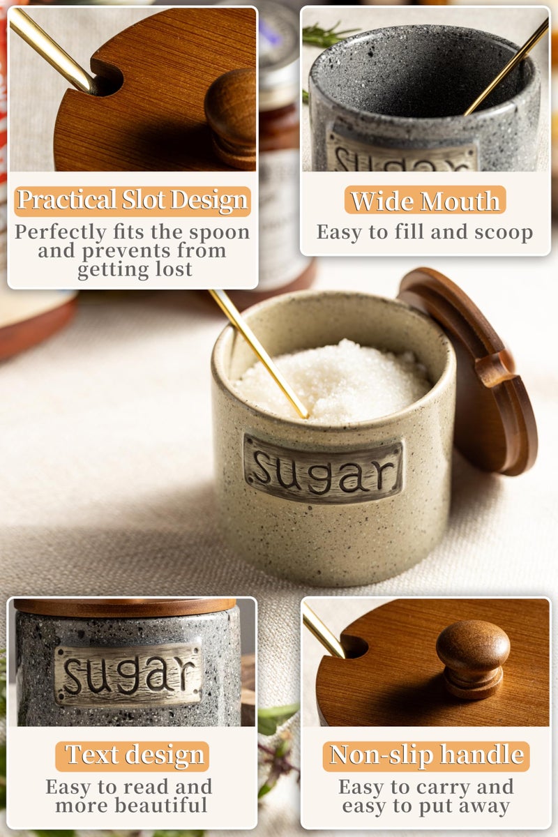 LYEOBOH 15OZ Sugar Bowl, Ceramic Sugar Dish, Rustic Sugar Container with Wood Lid and Spoon for Coffee Bar, Dishwasher Safe, Stainless Steel Spoon - Farmhouse Kitchen Decor Housewarming Gift, Beige - Image 4