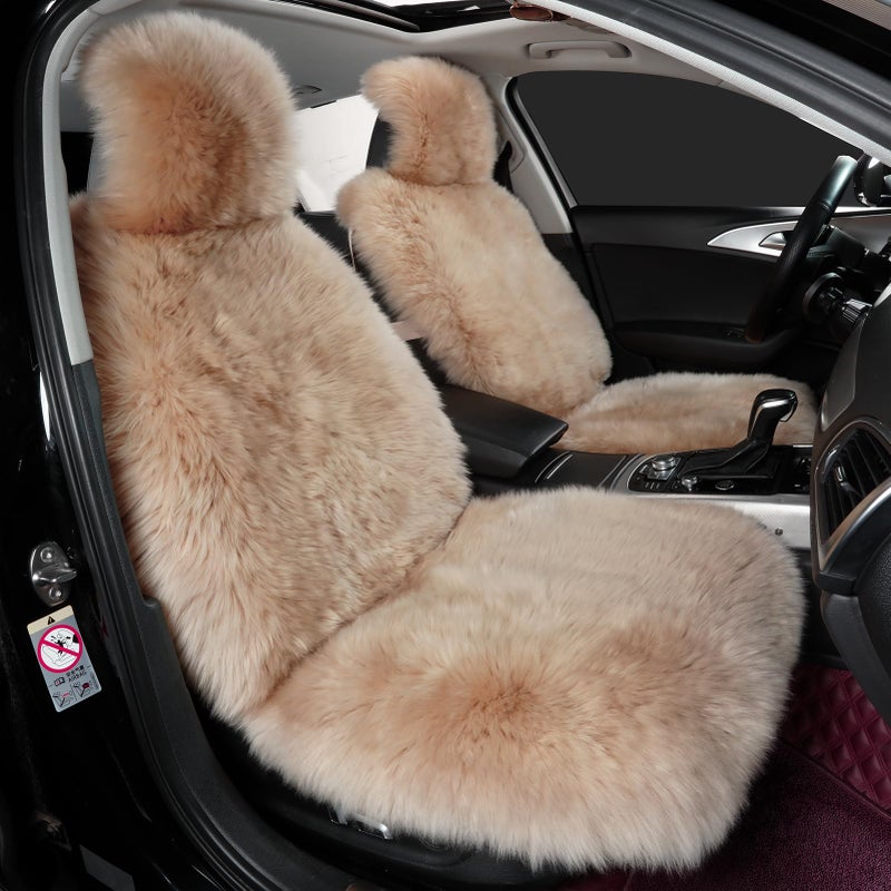 AOGELAN Sheepskin Car Seat Cover, Fluffy Fuzzy Long Wool Front Seat Covers, Universal Fits Most Car SUV Truck Minivan, Airbag Compatible (Light Brown) - Image 2