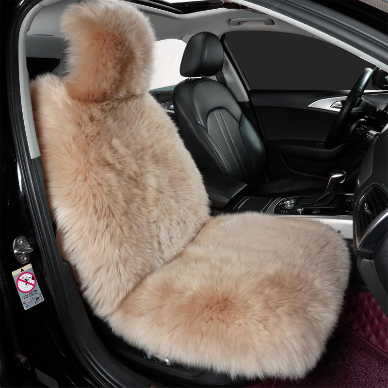 AOGELAN Sheepskin Car Seat Cover, Fluffy Fuzzy Long Wool Front Seat Covers, Universal Fits Most Car SUV Truck Minivan, Airbag Compatible (Light Brown) - Image 1