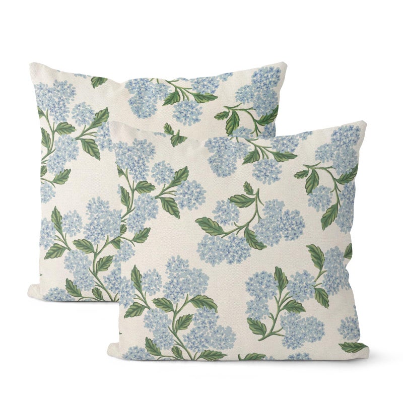 DAFENA Spring Pillow Covers 18x18 Inch 2 Pcs Blue Green Hydrangea Flower Decor Throw Pillows Vintage Floral Seasonal Summer Outdoor Decoration Pillowcase Linen Cushion Cover for Couch Sofa - Image 1