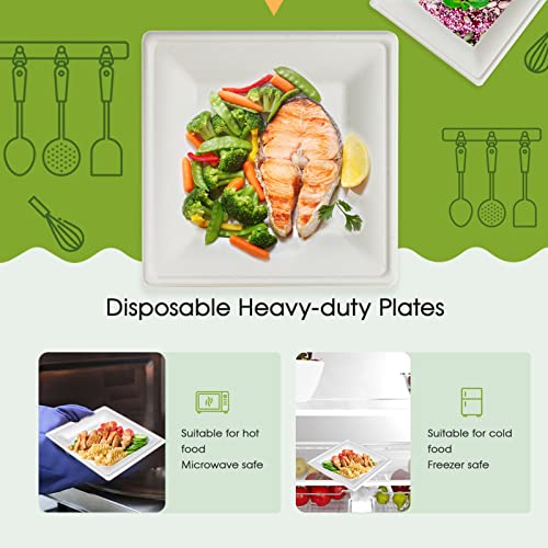 ECOLipak 150 Piecs Compostable Square Plates, 6 inch Eco-friendly Heavy Duty Biodegradable Sugarcane Disposable Paper Plates for Party Dinner Birthday - Image 4