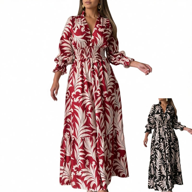 Bohemian Ethnic Print Long Sleeve V-Neck Women's Maxi Dress - Image 1