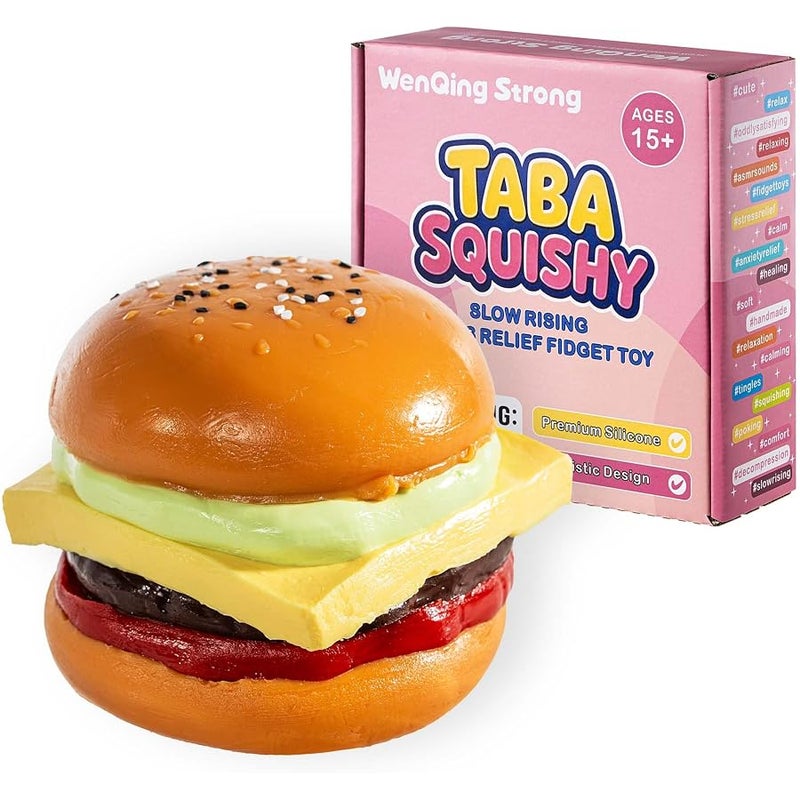 FLOVYN Taba Squishy Hamburger Toy, Stress Relief Slow Rising Fidget Adult Realistic Food Replica with Sesame Seeds Handmade Soft Silicone Squeeze Toy Gift - Image 1