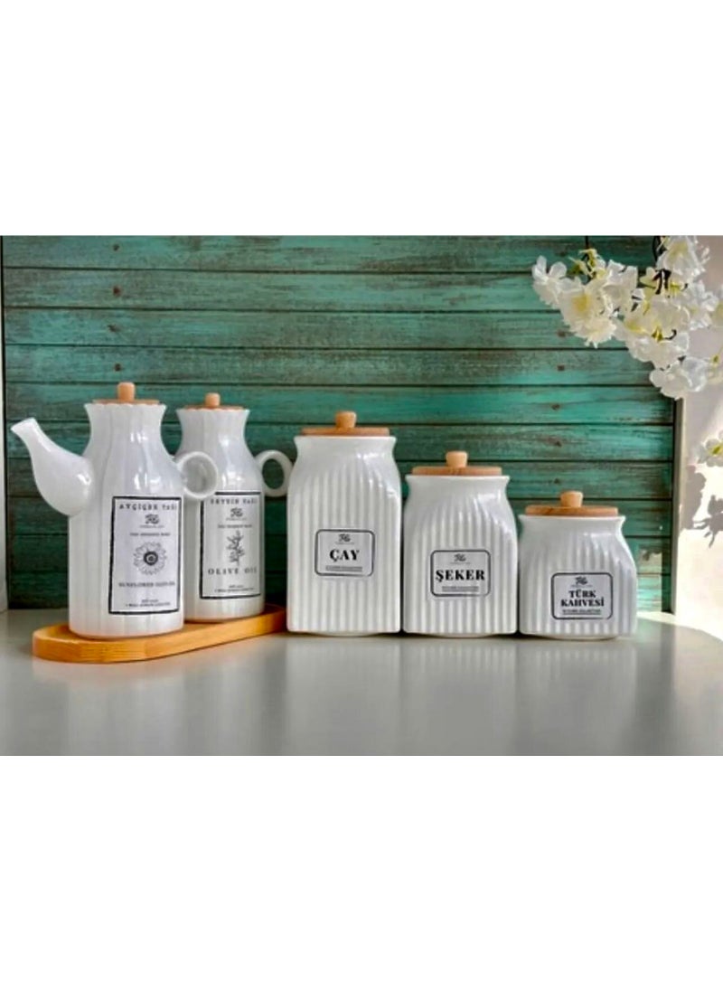 Kitchen Pembelia 6 Piece Porcelain 1000ML Oil Pot with Bamboo Stand and 3 Tea Sugar Turkish Coffee Jar Set Oil Pot Set  - Image 1