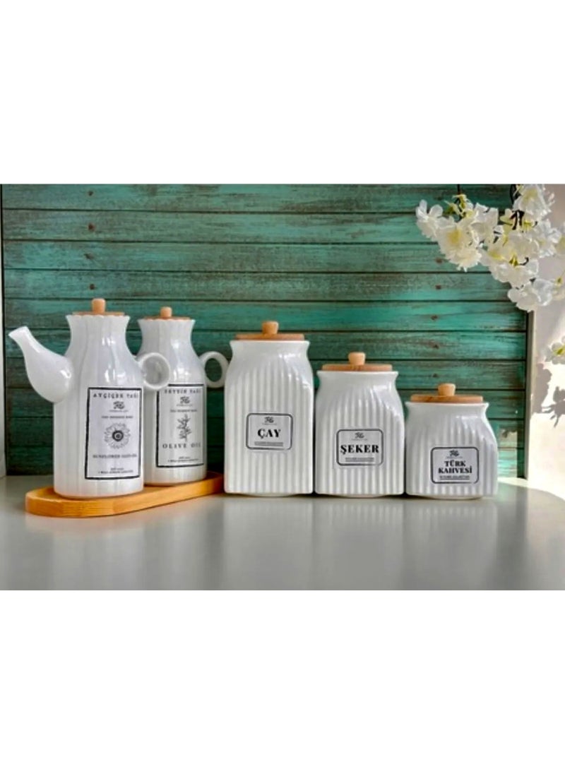 Kitchen Pembelia 6 Piece Porcelain 1000ML Oil Pot with Bamboo Stand and 3 Tea Sugar Turkish Coffee Jar Set Oil Pot Set  - Image 2