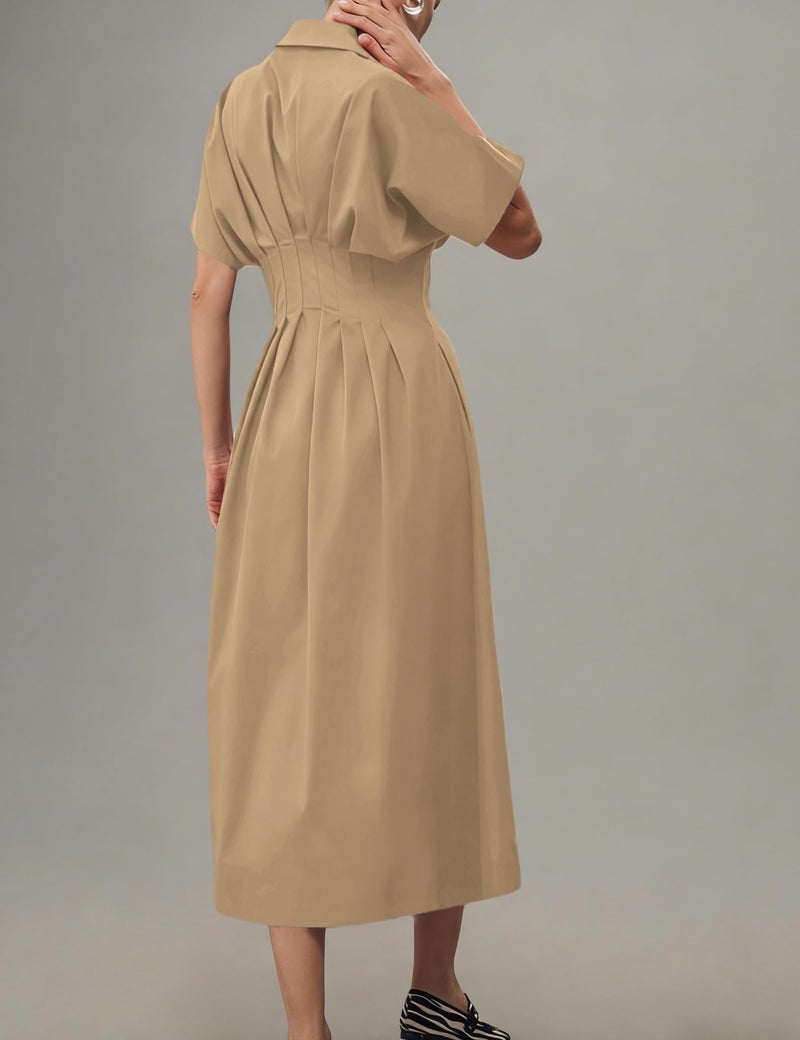 Yeokou Shirt Dress for Women Summer Casual Short Sleeve Button Down Loose Pleated Maxi Sundress with Pockets (Khaki-XL) - Image 4